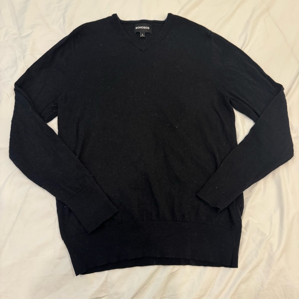 Bonobos Men’s Medium Black V-Neck Sweater 100% Extra Fine Merino Wool Washable